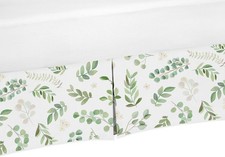 Floral Leaf Girl Baby Nursery Crib Bed Skirt Dust Ruffle - Green and White Boho