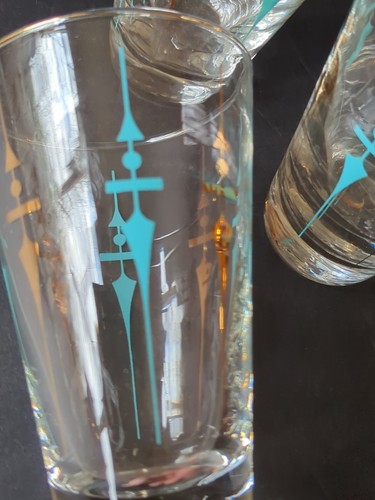 Vtg Atomic Gold Turquoise Tumblers Mid Century Modern Glasses Libbey Staccato 4 - Picture 7 of 14