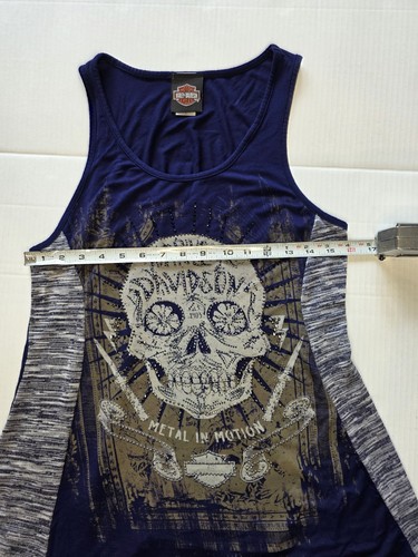 Camiseta sin mangas Harley Davidson calavera pedrería para mujer grande de metal en movimiento azul - Imagen 6 de 9