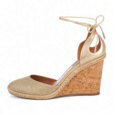 NEW Aquazzura Palm Beach Wedges Women 7.5 Gold Espadrille Lace Up Ankle Strap