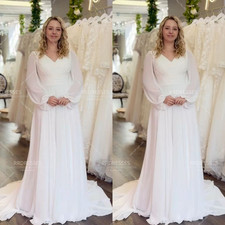 Chiffon Wedding Dresses Long Sleeves V Neck Lace up Simple Dreamy Bridal Gowns