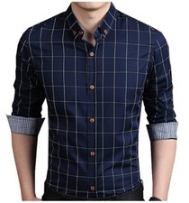 50 DROP Men's 100 Cotton Long Sleeve Plaid Slim Fit Button Down Dress Shirt
