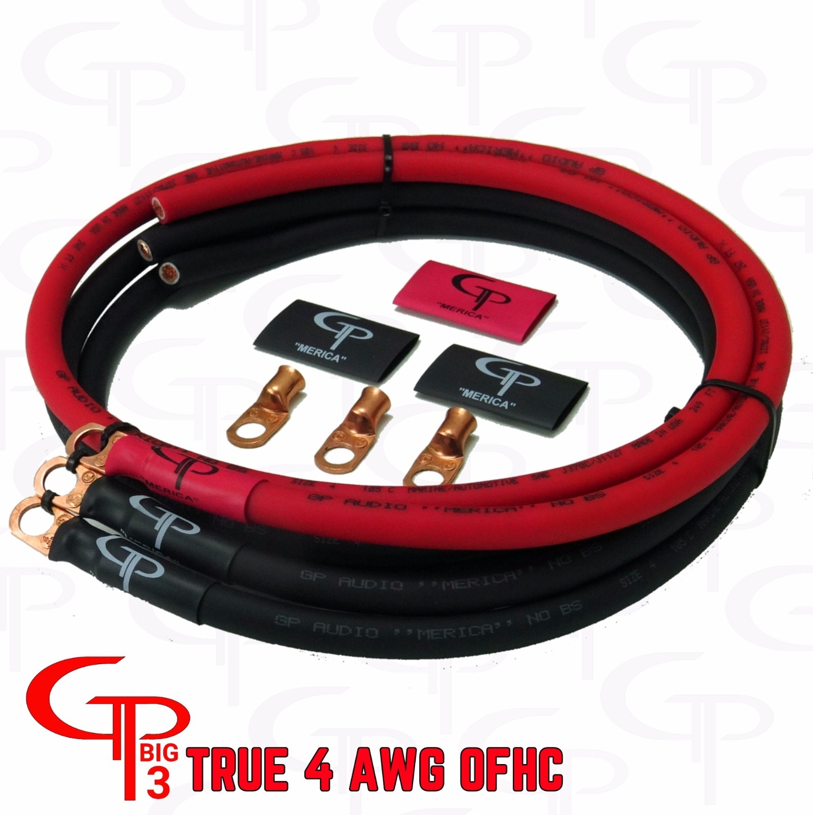 GP Car Audio Big 3 UPGRADE Kit OFC PURE COPPER 4 AWG GAUGE Red and