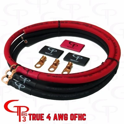 GP Car Audio Big 3 UPGRADE Kit OFC PURE COPPER 4 AWG GAUGE Red and Black