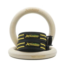 xFitness Wood Gymnastic Rings with Enhanced Flexible Buckles & Durable Straps