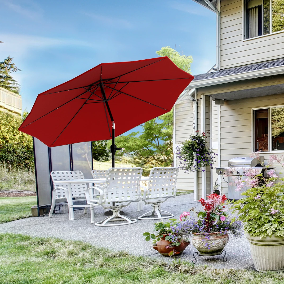 10 Ft Patio Umbrella w/ Solar LED Light Outdoor Shade Crank Tilt Garden  Cafe Red | eBay
