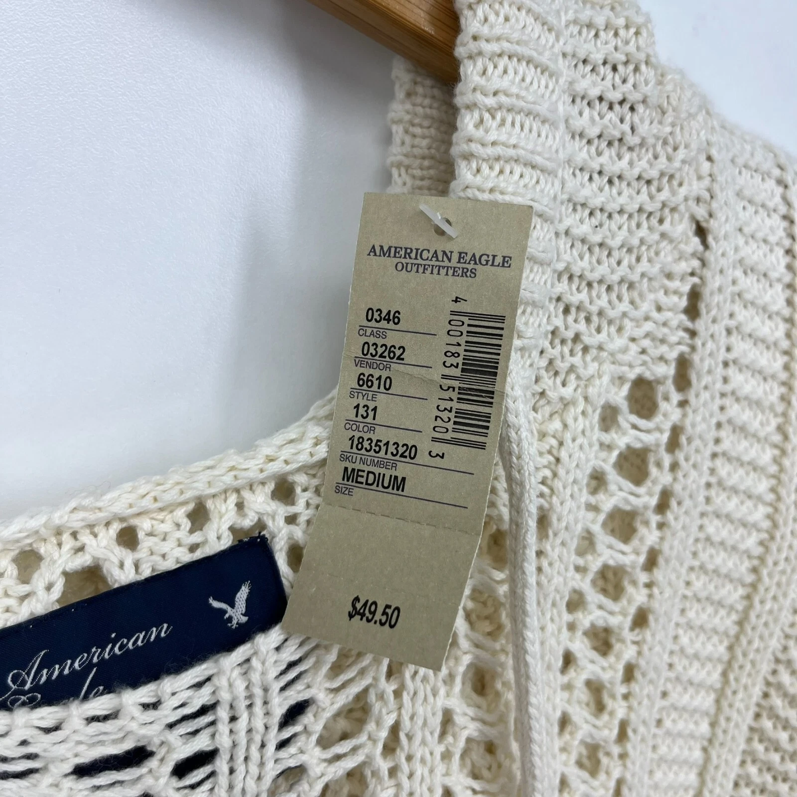 OFF WHITE Felpa con cappuccio American Eagle all'uncinetto donna taglia M panna maglia pullover Y2K nuova con etichetta