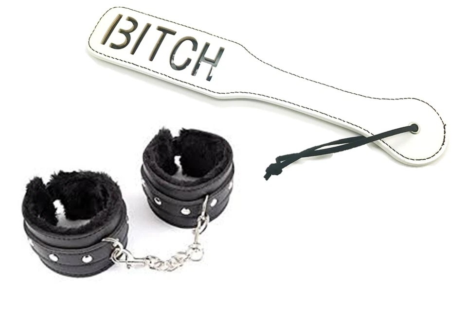 STYLEX WHITE SPANK ME BITCH BLACK STUDDED HANDCUFF SECRET SANTA SEXY HOT GIFT JOKE PRAN