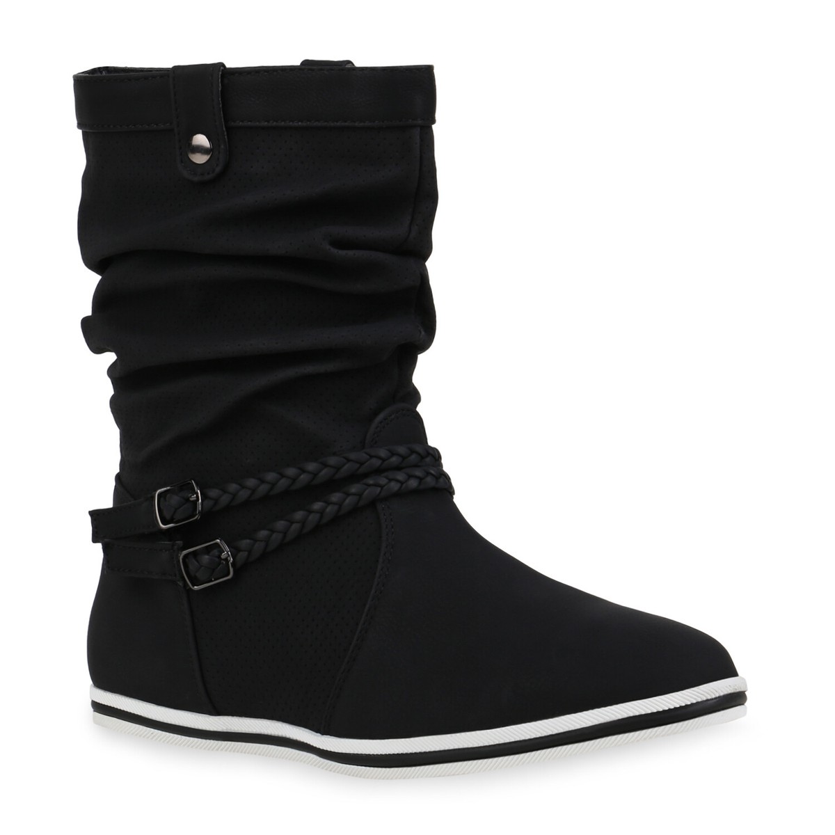 892732 Bequeme Damen Stiefel Flache Schlupfstiefel Boots 36-42