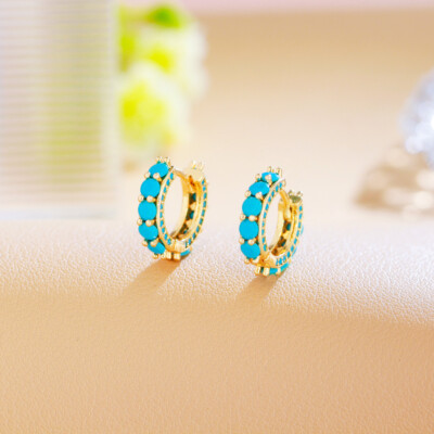 Cute Pave Setting Turquoise Blue Small Round Hoop Earrings Gold Plated Jewelry