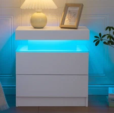 Modern LED Nightstand Bedside Table with 2 Wood Drawers Bedroom Side Table light