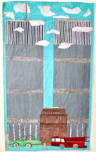 Original Folk Art Painting Twin Towers Collage 24" x 40" - Picture 3 of 10