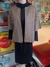 True Vtg Mid-century 1960s 2 piece Navy Stripe Mod Dress Jacket Polyester 13/14