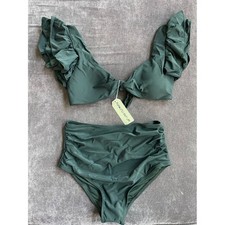 Ruffle Sleeve High-Waist Bikini Set - Deep Green