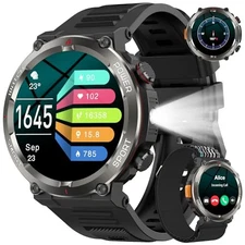 Military Smart Watch for Men, 100 Days Battery/Led Flashlight/Compass/2 black