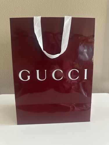 Gucci Store Shopping Gift Bag Burgundy Glossy Paper Large White Ribbon Handles