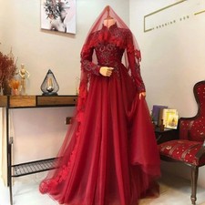 Dark Red Muslim Wedding Dress High Collar Long Sleeves Bridal Gown Lace Applique
