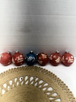 Vintage Glass Christmas Stenciled Flocked Ornaments Set 6 Made In USA