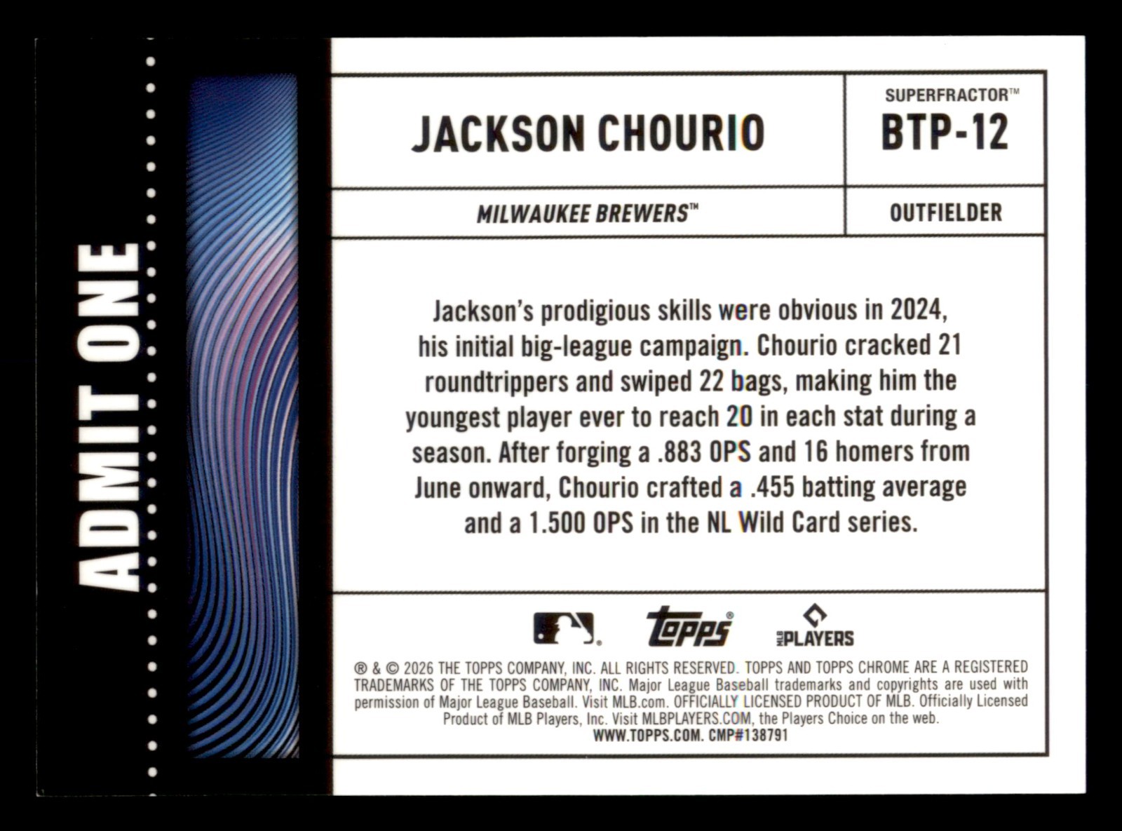 2026 TOPPS CHROME JACKSON CHOURIO ADMIT ONE SUPERFRACTOR 1/1 BREWERS (CD) view 2