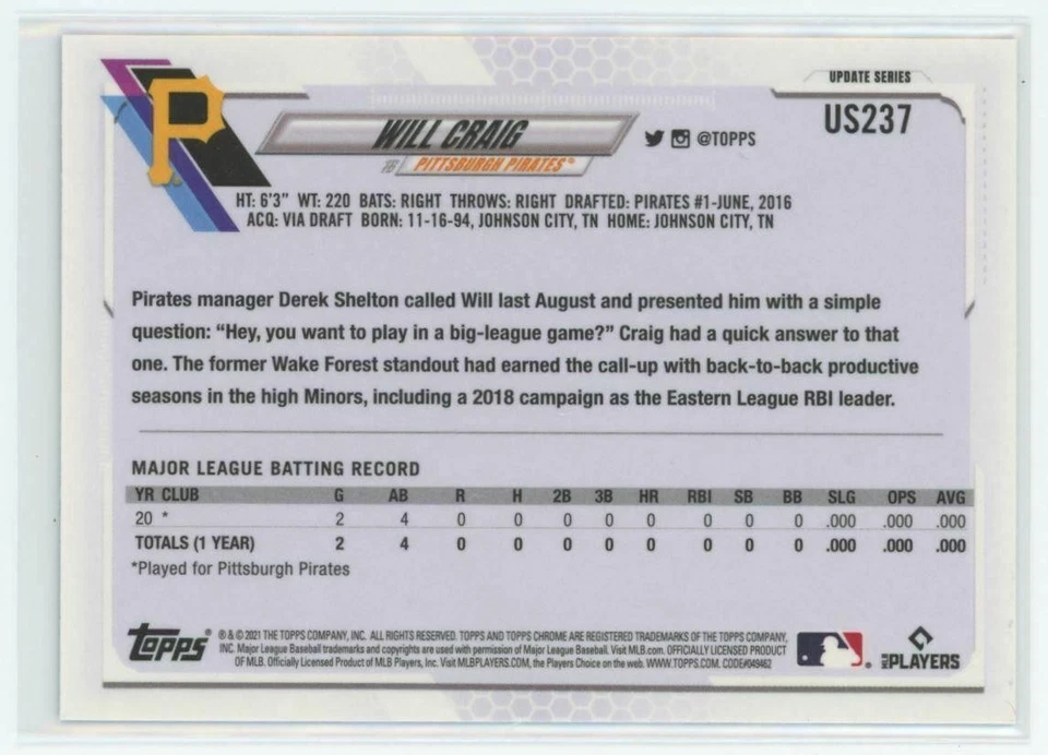 2021 Topps Chrome Sapphire Edition #US237 Will Craig RC Pittsburgh Pirates - Image 2 of 2