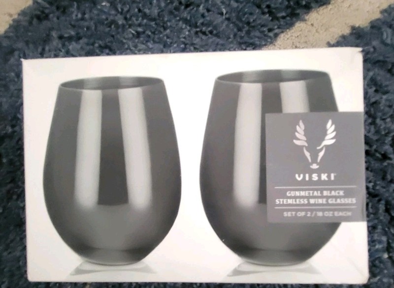 Viski Gunmetal Wine Glasses, Stemless Wine Glass Set, Stainless Steel with Black