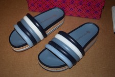 TORY BURCH QUILTED FLATFORM LEATHER SANDAL SLIDES IVORY/BLUE, 7.5