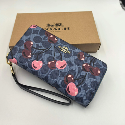 Coach Long Zip Around Wallet In Signature Canvas With Cherry Print