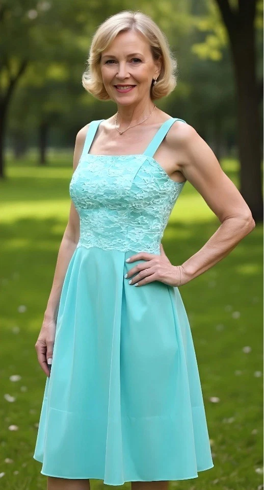 Vestido Formal Turquesa Gasa Blanco Encaje Sobre Turquesa 18W Hasta la Rodilla Foto 3 de 4