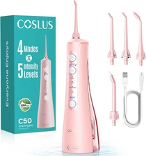 COSLUS Portable Water Flosser for Teeth: 4 Modes & 5 Intensity Levels Pink