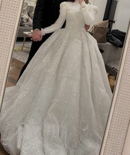 White Long Sleeve Ball Gown Wedding Dress with Train, Beading Embroidery