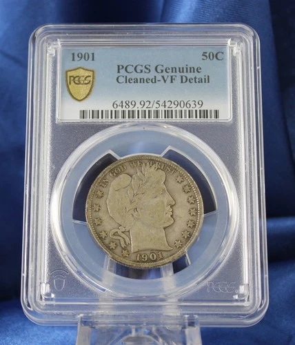 1901 US Barber Half Dollar 50¢ PCGS Genuine Cleaned VF Details 90% Silver