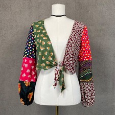 Vintage 70s Sundays Child Patchwork Boho Cropped Tie Front Top Size 11 L Hippie