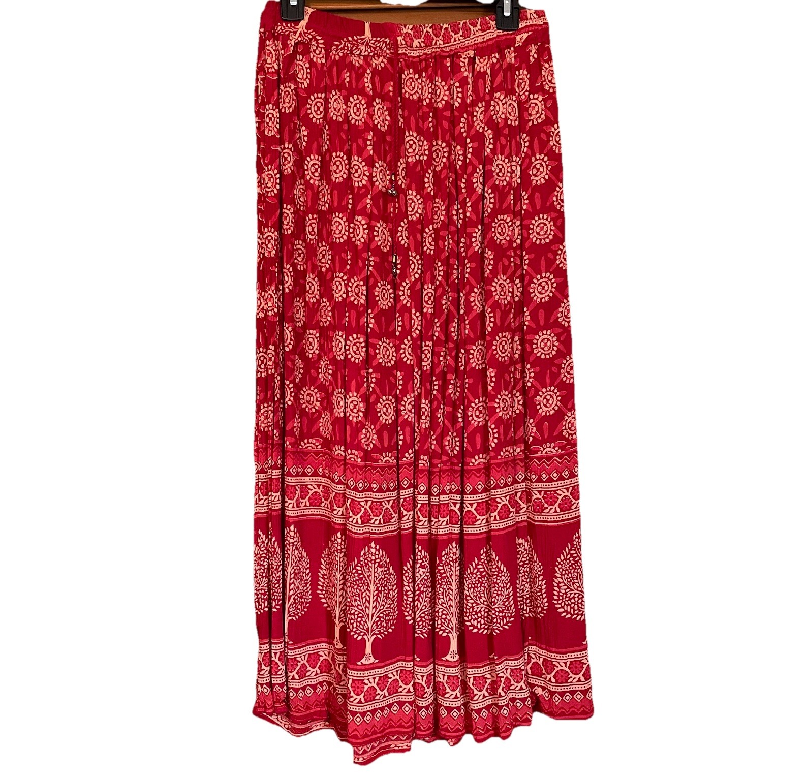 Hippie Boho free size Maxi Skirt Broomstick Gypsy Ethnic Crinkle Trees red