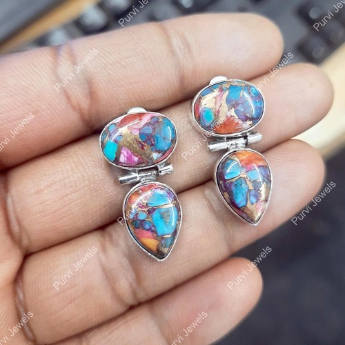 Orecchini a perno argento sterling 925 pietra preziosa turchese ostrica spinosa gioielli - Foto 4 di 6