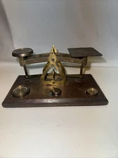 Vintage Warranted Accurate Brass Wood Postal Scale w/ 3 Weights