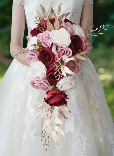 Waterfall Pink Burgundy Ivory Rose Wedding Bouquet for Bride Cascading Weddin...