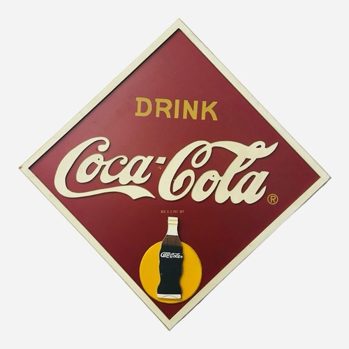 Insegna Espositore Bevanda Coca-Cola 18” Quadrata Legno Diamante Punto Giallo Sole Bottiglia Coca Cola