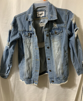 Between Us Destroyed Distressed Womens/Juniors Denim Jean Jacket Sz S