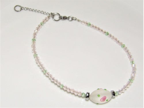 Lovely Pink & Green Beaded Ankle Bracelet Anklet With Center Flower Bead - Picture 2 of 3