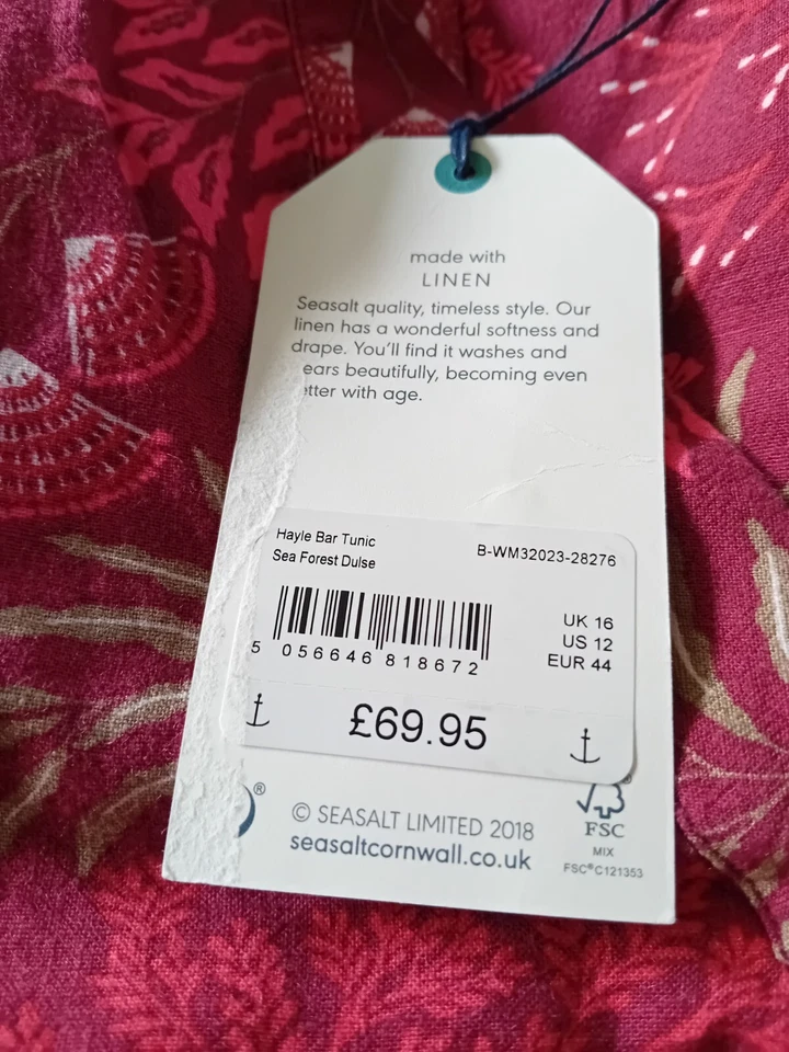 BNWT SEASALT SIZE 16 Pink Hayle Bar V-neck Linen Blend Tunic Sea Forest Dulse - Image 3 of 4