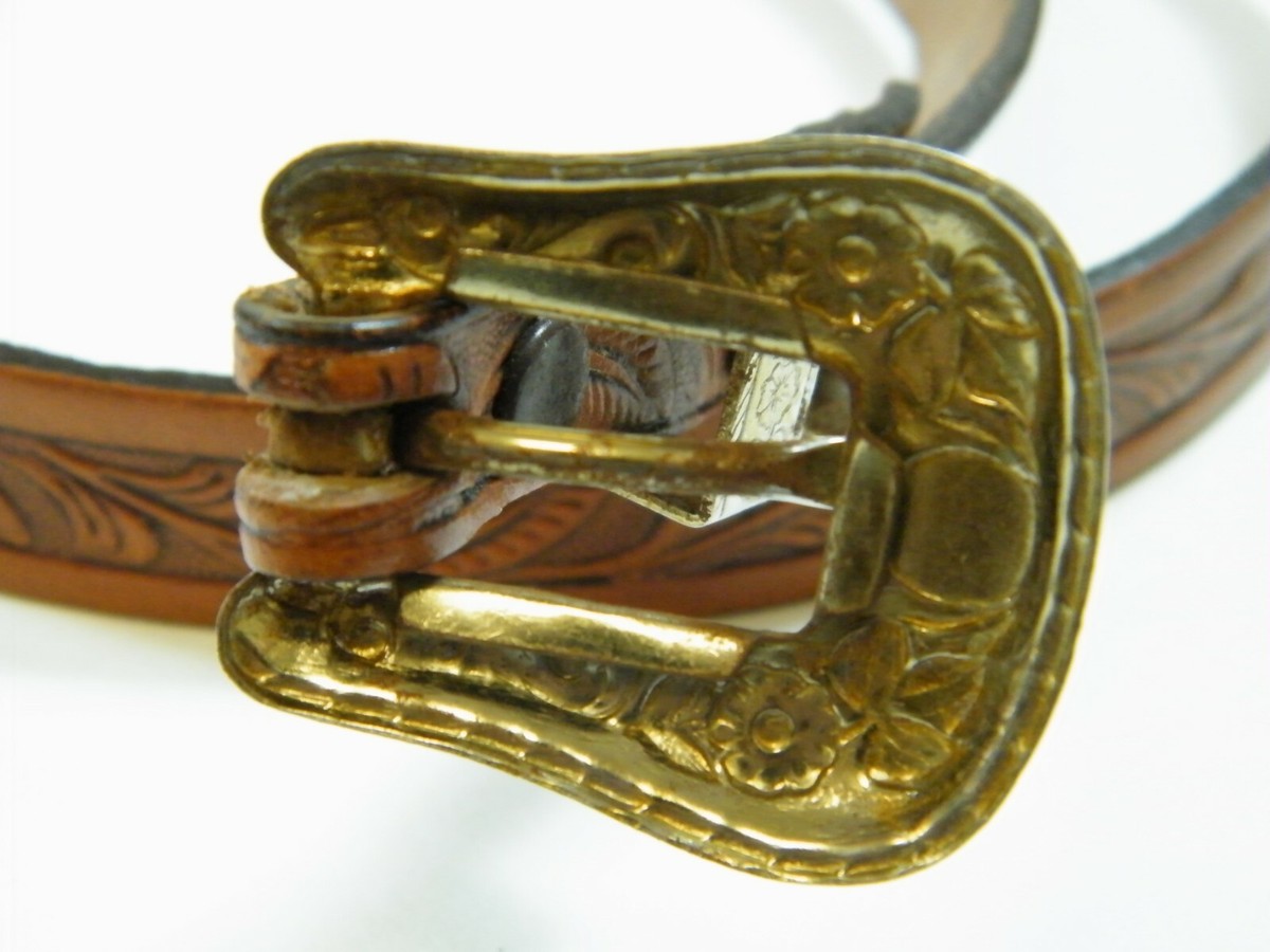 VINTAGE HEREFORD BRAND FULLGRAIN COWHIDE TOOLED LEATHER BELT  display picture 1