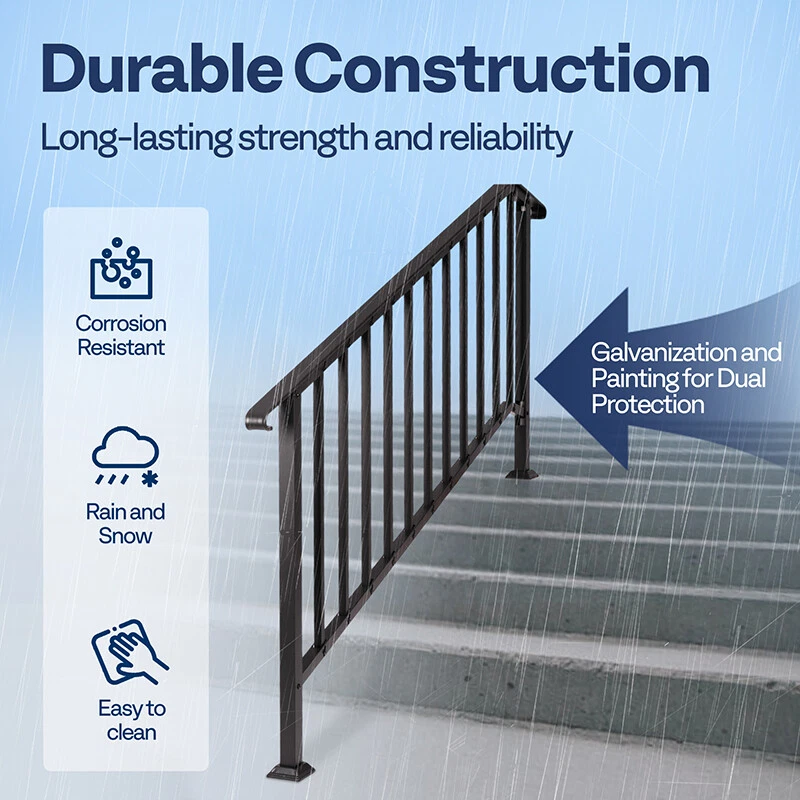 2-Pack 6 Step Hand Rails for Outdoor Steps Wrought Iron Railing for Porch Deck - Image 3 of 4