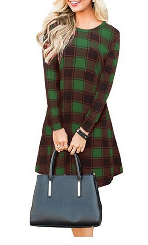 Womens Tartan Check Print Long Sleeve Swing Skater Dress Plus Size 8-26 - Picture 7 of 10