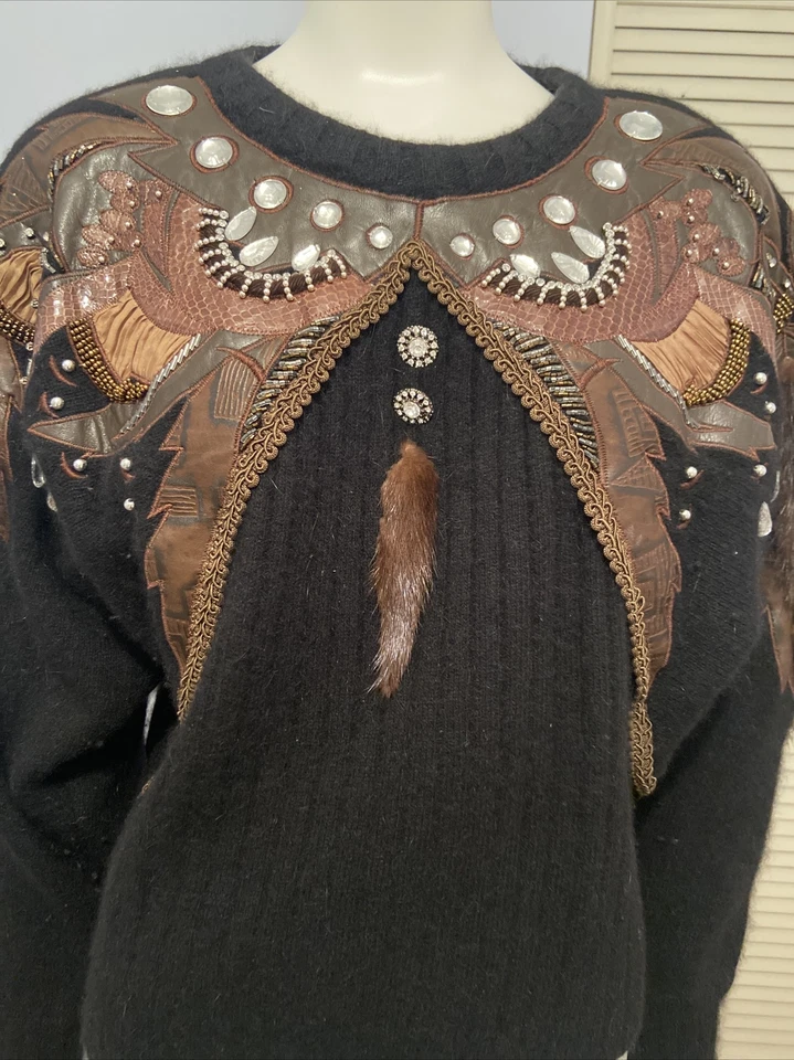 Suéter De Colección Erez Embellecido Estrás Cuentas Cuero Real Piel Y Piel De Serpiente S Foto 2 de 4