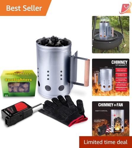 Charcoal Chimney Starter Set Steel 11.5" Accessories for BBQ Fireplaces Tools