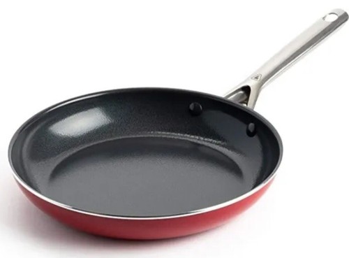 Red Volcano Frying Pan Textured Ceramic Nonstick 10" Skillet Stainless Steel NEW