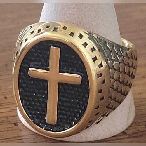 anillo pesado grueso de sello de cruz chapado en oro 14k Hombre - 第 2/7 張圖片