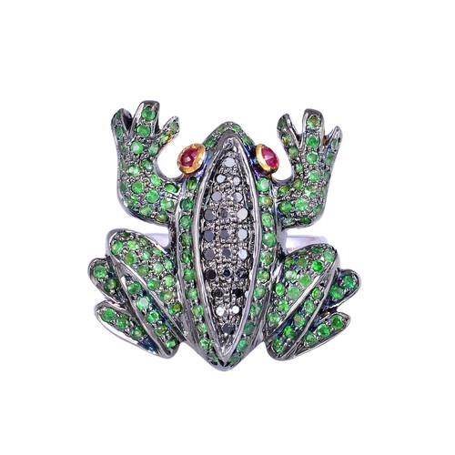 Anello di design rana argento 925 diamante nero tsavorite anello fine gioiell... - Foto 4 di 6