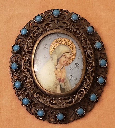 Vintage Silver Hand Painted & Framed Virgin Mary Turquoise Brooch / Pendant #2 - Picture 2 of 6