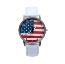 American Flag Watch w/ White Wrist Strap - Faux Leather, Patriot USA Quartz
